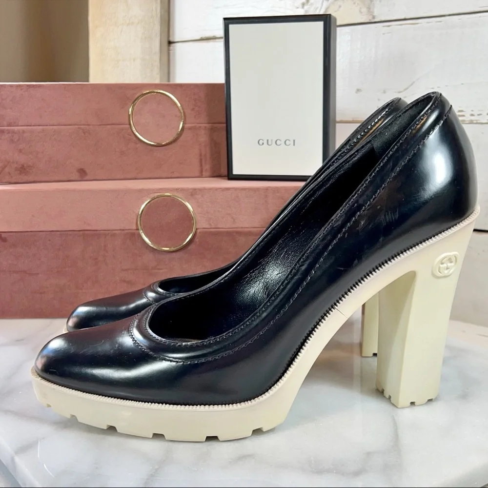 Gucci Black Patent Leather & Rubber Heel/Sole Platform Heels